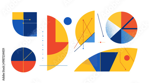 A vibrant geometric composition featuring abstract shapes and colorful pie charts