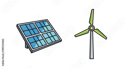 Solar panel and wind turbine renewable.