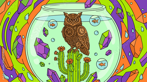 Mechanical Clockwork Owl Perched On Cactus In Fishbowl Pop Surrealism Flat Illustration With Bold Outlines