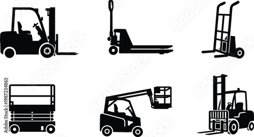 material handling equipment silhouette vector set featuring forklift pallet jack hand truck scissor lift boom lift and warehouse vehicles isolated on white background