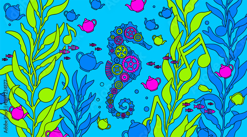 Majestic Mechanical Seahorse and Teapot Bubbles Pop Surrealism Flat Illustration with Bold Outlines