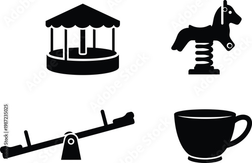 playground and leisure silhouette vector set featuring carousel spring rider seesaw and cup icons isolated on white background