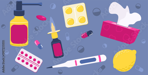 Essential cold and flu care items set, including nasal spray, a digital thermometer, blister packs of pills, loose tablets, and a box of tissues, all arranged against a soft blue background.