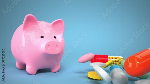 Rising Healthcare Costs Concept with Piggy Bank and Flying Pills. 4k video, ProRes 4444.