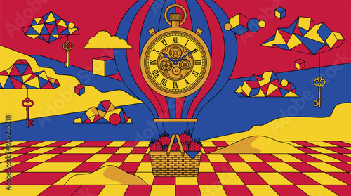 Vintage Hot Air Balloon Pocket Watch over Checkered Desert Pop Surrealism Flat Illustration with Outlines