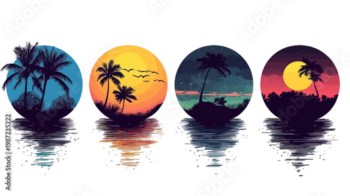 A set of four circular images depicting tropical landscapes, each with a different color scheme and reflection