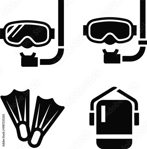 snorkeling diving gear silhouette vector set featuring snorkel mask snorkel tube fins and diving tank icons isolated on white background