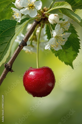 Single ripe dark red cherry with water droplets hanging on a branch with green leaves and white blossoms, soft green blurred background, fresh spring nature concept