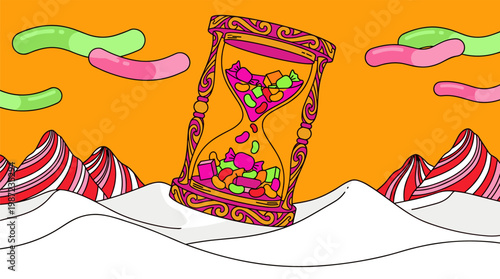 Surreal Hourglass Filled with Candy and Jelly Beans over Peppermint Mountains, Pop Surrealism Flat Illustration with Bold Outlines