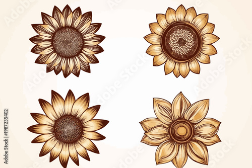 Four stylized sunflowers with textured centers and detailed petals against a cream background