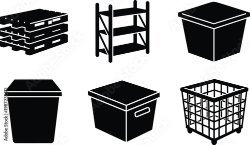 storage and warehouse silhouette vector set featuring pallet rack shelves storage boxes containers bins and rolling crate icons isolated on white background