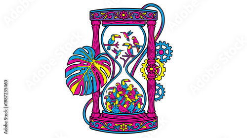 Ornate Hourglass Filled with Tropical Birds and Monstera Leaf Pop Surrealism Flat Illustration with Bold Outlines