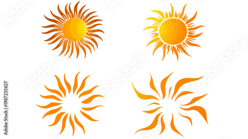 Four stylized sun illustrations in shades of yellow and orange, arranged on a white background