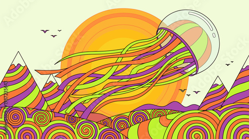 Jellyfish Airship Floating Over Candy Mountains Pop Surrealism Flat Illustration With Bold Outlines
