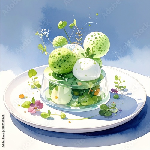 watercolor illustration of a delicate matcha mochi dessert with fresh herbs and flowers, culinary art, spring vibes, elegant plating, gourmet food