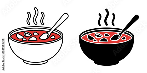 Hot soup in bowl with ingredients and spoon, steam rising, red broth with chunks, line art and solid black versions, delicious serving illustration.