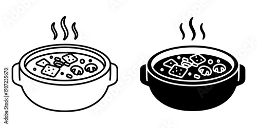 Hearty soup in wide bowl with ingredients, mushrooms and croutons, steam rising, line art and filled version, satisfying meal illustration.