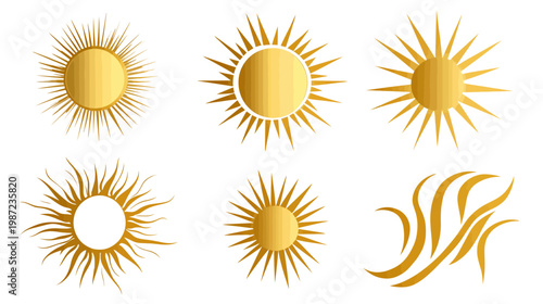 Six golden sunburst illustrations arranged in two rows of three on a white background