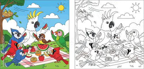 Cute cartoon birds having a fruit picnic outdoors on grass vector illustration with cockatoo, parrot and red cardinals