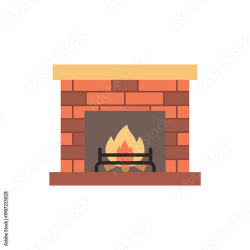 Fireplace, burning fire, brick hearth, home interior, vector icon