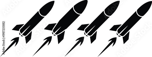 Rocket missile icons, illustration set, set of military weapons and technology symbols showing rockets flying upward isolated on white background for defense and aerospace design.