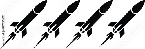 Rocket missile icons, illustration set, black vector collection of fast flying missiles and rocket silhouettes representing military technology and defense systems concept.