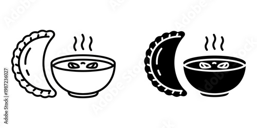 Soup and dumpling icon set featuring bowl of hot broth with steaming pastry pierogi in line and solid style for bakery menus restaurant signage food apps culinary branding and kitchen web elements.