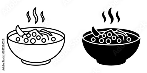 Lentil soup icon set with bowl of steaming hot porridge and vegetable garnish in line and solid style for healthy food menus vegetarian branding recipe apps restaurant signage and web graphics.