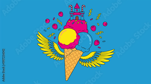 Scoops Of Ice Cream With Wings And Candy Castle Pop Surrealism Flat Illustration With Bold Outlines