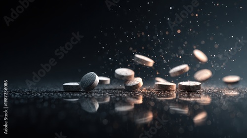 Falling Coins with Sparkles on Dark Background in Soft Light
