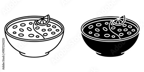 Bowl of soup with lemon slice vector illustration set featuring line and solid icons of delicious broth with beans for menu design and culinary concepts showing healthy meal isolated on white back.