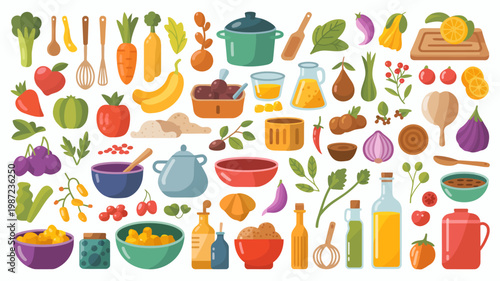 A vibrant collection of fresh produce cooking utensils and various containers arranged in a colorful illustrative flat lay style high quality professional detailed modern elegant stylish