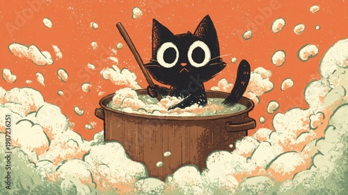 Cute Black Cat in a Pot Surrounded by Bubbles and Foam