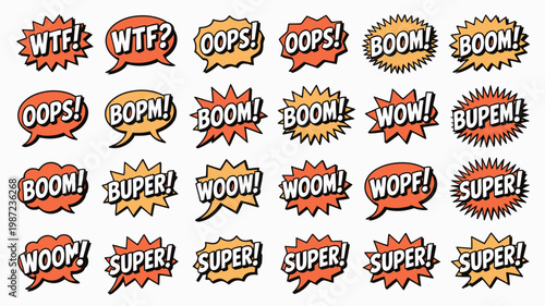 A collection of colorful comic book style speech bubbles displaying various exclamations like wow boom and oops high quality professional detailed modern elegant stylish clean crisp