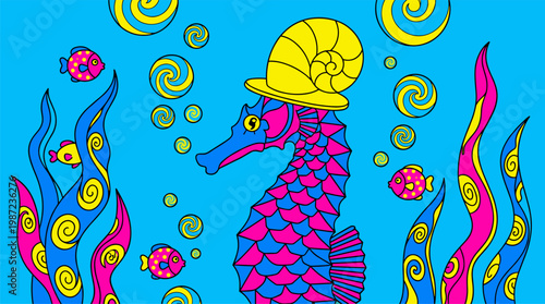 Giant Seahorse with Shell Top Hat and Geometric Patterns Pop Surrealism Flat Illustration with Bold Outlines