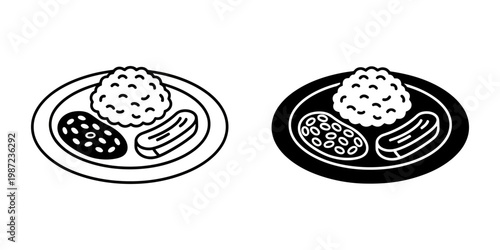 Plate with rice beans and sausage vector illustration set including line and glyph icons of traditional meal showing food portion for balanced nutrition and restaurant menu design on white back.