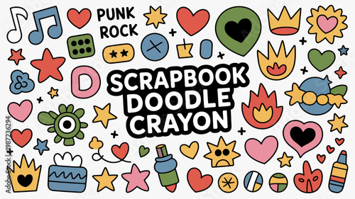 A vibrant colorful collection of hand drawn doodles including hearts stars musical notes and the words punk rock scrapbook doodle crayon high quality professional detailed modern