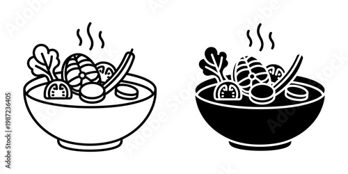 Thai fish soup icon with salmon steaks and tomatoes in bowl vector illustration set of line and solid flat icons for restaurant menu design or asian cuisine branding isolated on white background.