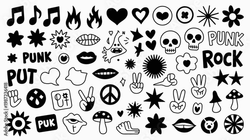 A chaotic black and white doodle collection features music notes hearts skulls lips peace signs and various punk rock inspired symbols high quality professional detailed modern