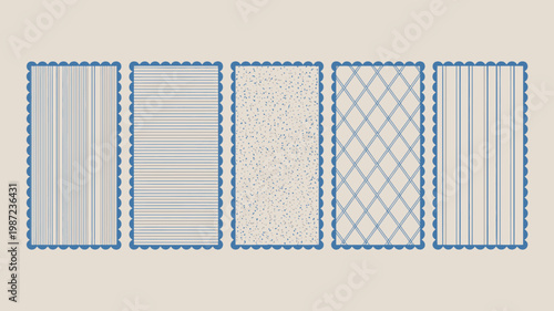Five rectangular panels display diverse textured patterns each framed with a delicate scalloped blue border against a neutral background high quality professional detailed modern elegant stylish