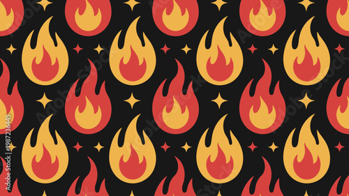 A seamless pattern showcases vibrant flames in shades of red and yellow against a stark black background creating a fiery aesthetic high quality professional detailed modern