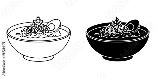 Bowl of thick soup with egg and parsley icon vector illustration set in linear and solid styles for food branding or restaurant menu decoration isolated on white background for graphic design use.