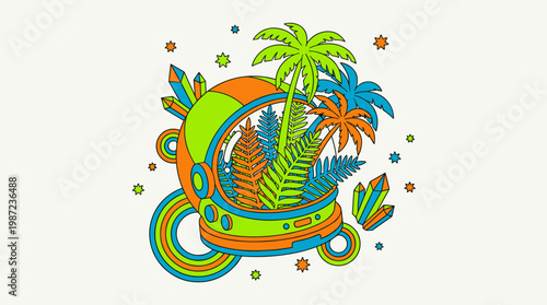 Astronaut Helmet With Tropical Jungle Visor And Floating Crystals, Pop Surrealism Flat Illustration With Bold Outlines