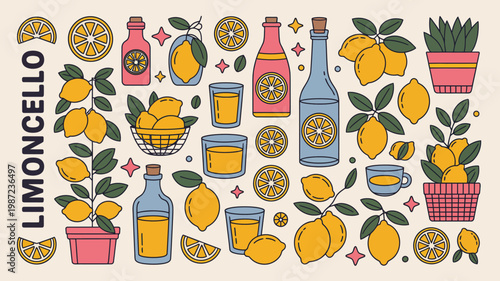 A colorful illustration showcases various elements related to limoncello including lemons bottles glasses and lush green foliage high quality professional detailed modern elegant stylish clean crisp