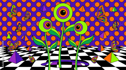 Surreal Eyeball Flower Garden With Geometric Pyramids Pop Surrealism Flat Illustration With Bold Outlines