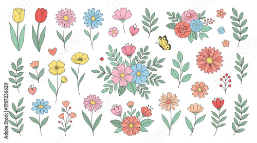 Botanical spring garden decorative elements set, whimsical sketch, tulips, daisies, foliage, butterflies, hearts, and bouquets