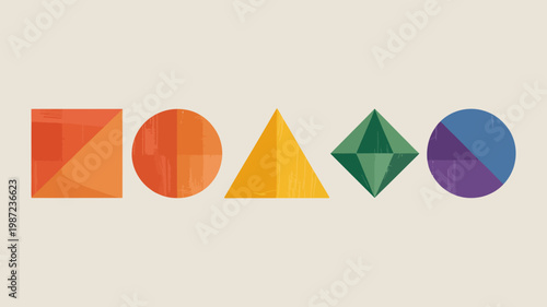 A minimalist illustration displays five distinct geometric shapes a square circle triangle diamond and another circle in vibrant colors high quality professional detailed modern elegant stylish