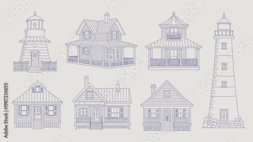 A collection of hand drawn coastal buildings including lighthouses and houses is presented in a simple linear illustrative style high quality professional detailed modern elegant stylish