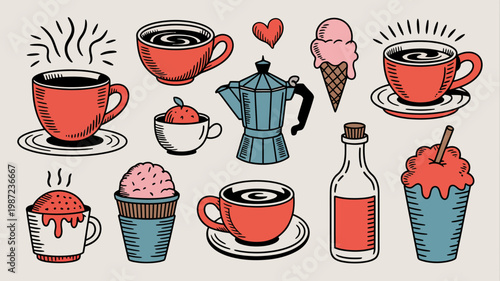 A colorful illustration showcases various hot and cold beverages including coffee tea ice cream and juice arranged on a light beige background high quality professional detailed