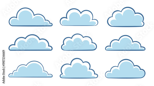 A collection of nine cartoon style clouds with light blue fills and dark blue outlines are arranged on a plain white background high quality professional detailed